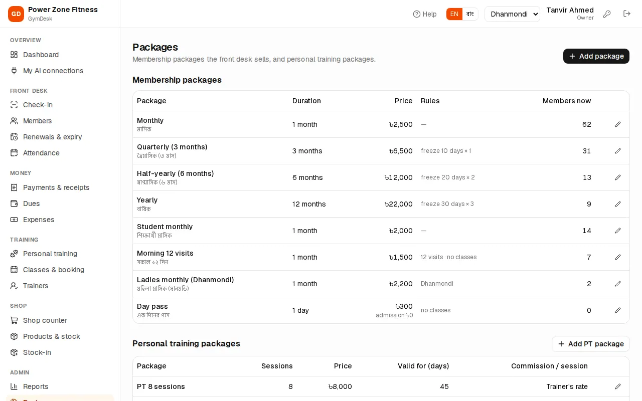 Packages page