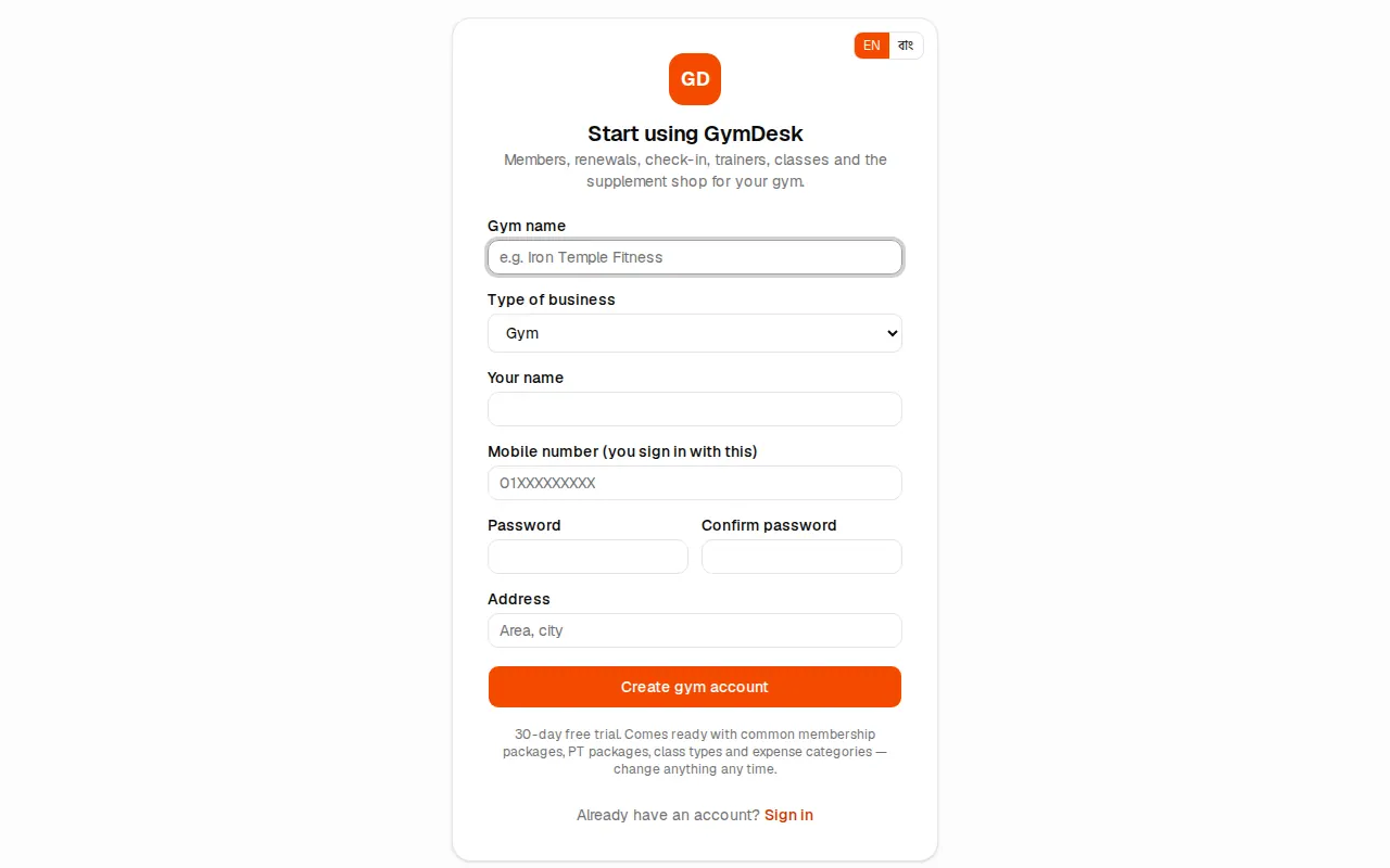 Create a gym account